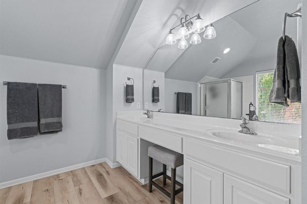 Bathroom, Dual Sink Vanities, Interior, Wood Texture Flooring