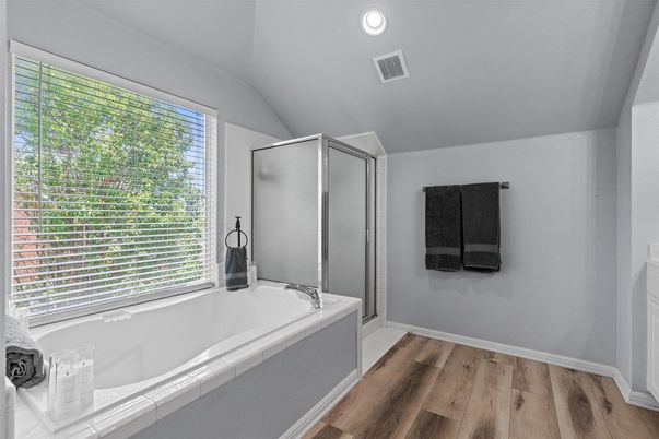 Bathroom, Glass Shower, Interior, Recessed Lighting, Wood Texture Flooring