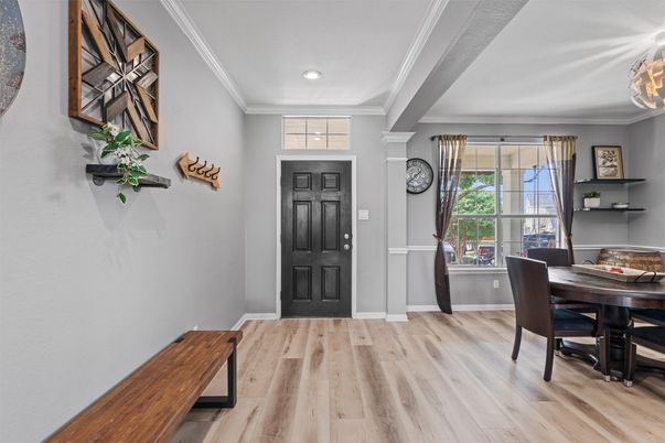 Dining room, Interior, Recessed Lighting, Wood Texture Flooring