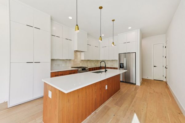 Interior, Kitchen, Pendant Lights, Recessed Lighting, Stainless Steel Appliances, Wood Texture Flooring