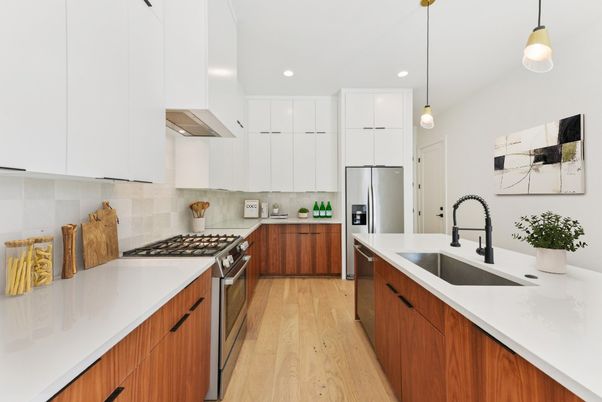 Interior, Kitchen, Pendant Lights, Recessed Lighting, Stainless Steel Appliances, Wood Texture Flooring