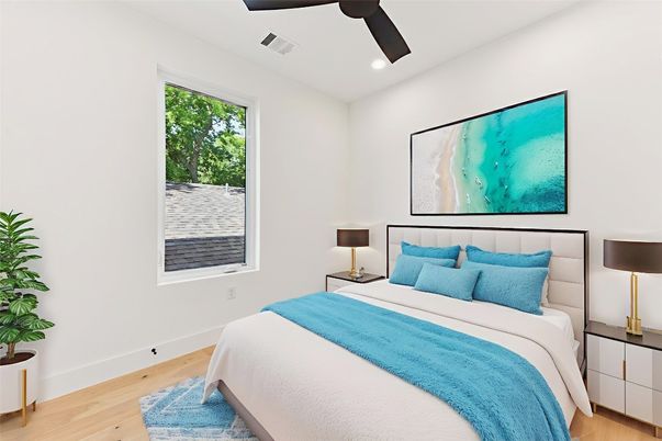Bedroom, Interior, Recessed Lighting, Wood Texture Flooring