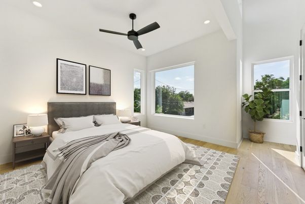Bedroom, Interior, Recessed Lighting, Wood Texture Flooring