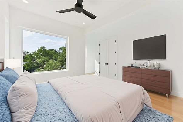 Bedroom, Interior, Recessed Lighting, Wood Texture Flooring