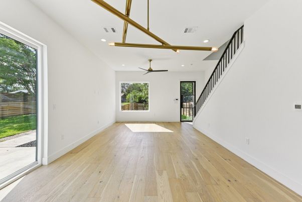 Empty room, Interior, Pendant Lights, Recessed Lighting, Wood Texture Flooring