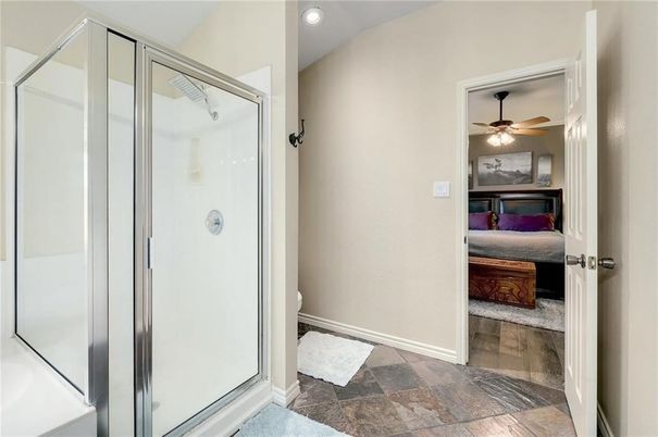 Bathroom, Glass Shower, Interior, Recessed Lighting, Wood Texture Flooring