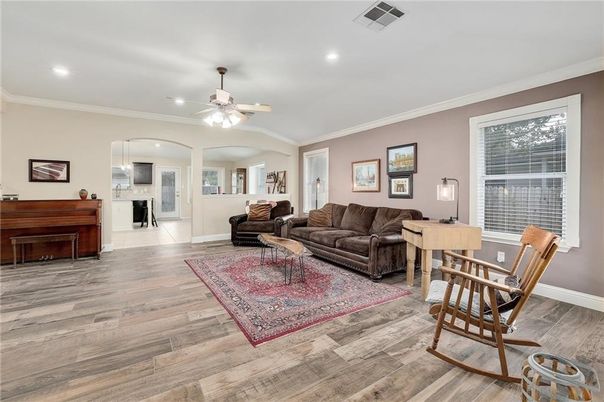 Interior, Living room, Piano, Recessed Lighting, Wood Texture Flooring