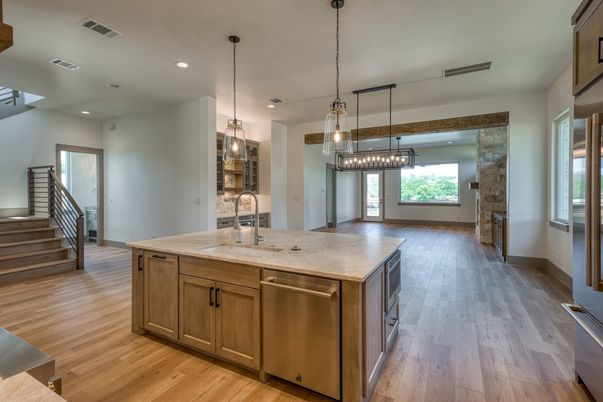 Chandelier, Interior, Kitchen, Pendant Lights, Recessed Lighting, Stainless Steel Appliances, Wood Texture Flooring