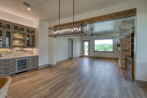 Empty room, Interior, Pendant Lights, Recessed Lighting, Wood Texture Flooring