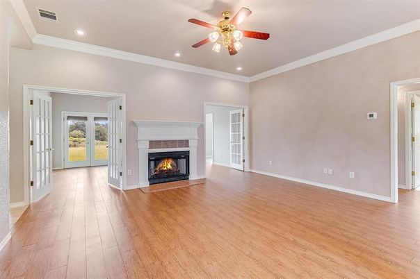 Empty room, Fireplace, Interior, Recessed Lighting, Wood Texture Flooring