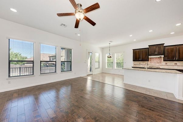 Empty room, Interior, Kitchen, Pendant Lights, Recessed Lighting, Wood Texture Flooring