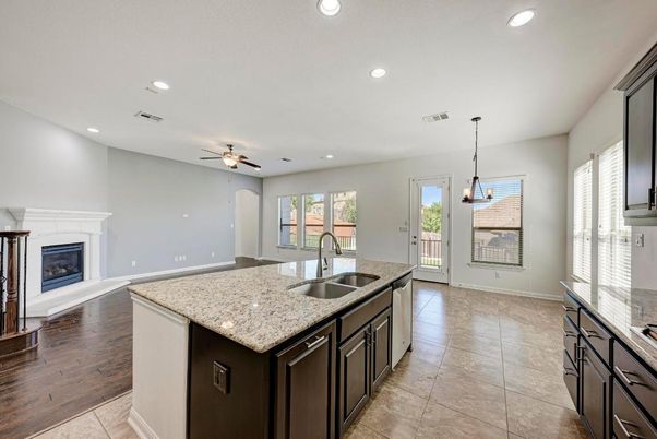 Fireplace, Interior, Kitchen, Pendant Lights, Recessed Lighting, Wood Texture Flooring