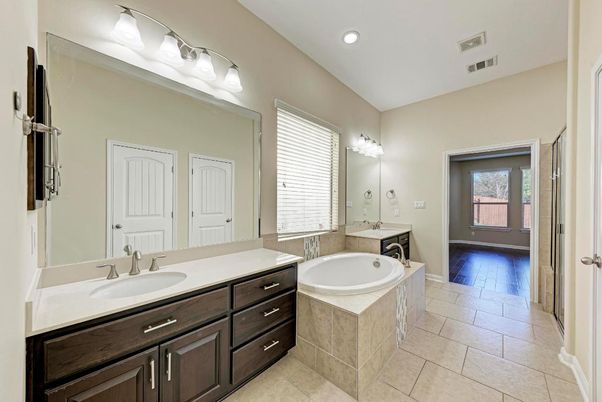 Bathroom, Dual Sink Vanities, Interior, Recessed Lighting, Wood Texture Flooring