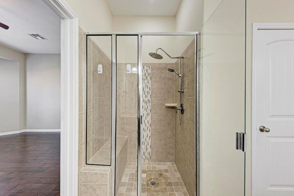 Bathroom, Glass Shower, Interior, Recessed Lighting, Wood Texture Flooring