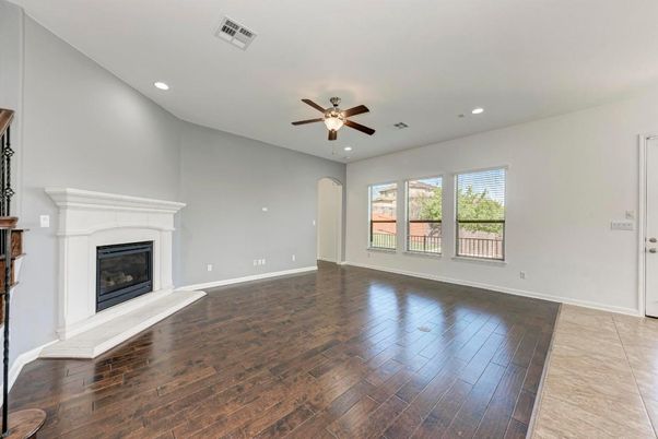 Empty room, Fireplace, Interior, Recessed Lighting, Wood Texture Flooring