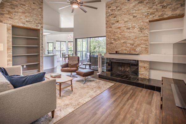 Fireplace, Interior, Living room, Stone Walls, Wood Texture Flooring