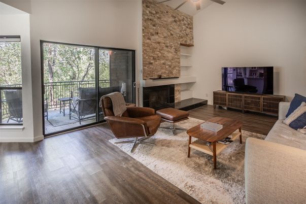Fireplace, Interior, Living room, Stone Walls, Wood Texture Flooring