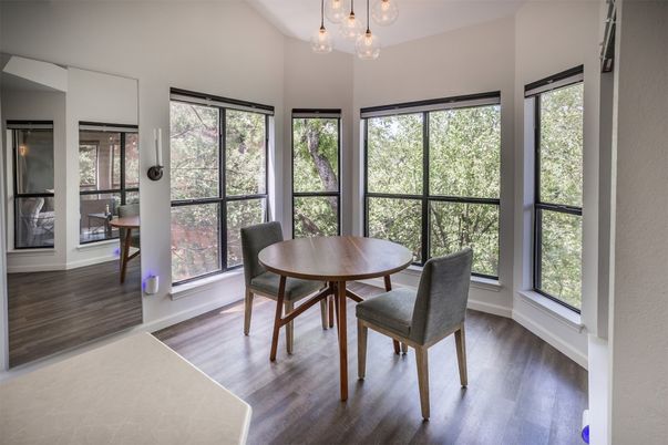 Dining room, Interior, Pendant Lights, Wood Texture Flooring