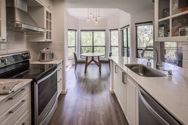 Interior, Kitchen, Pendant Lights, Stainless Steel Appliances, Wood Texture Flooring