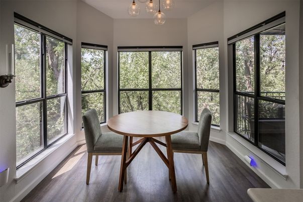 Dining room, Interior, Pendant Lights, Sun Room, Wood Texture Flooring
