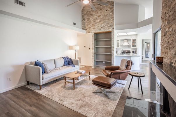 Fireplace, Interior, Living room, Stone Walls, Wood Texture Flooring