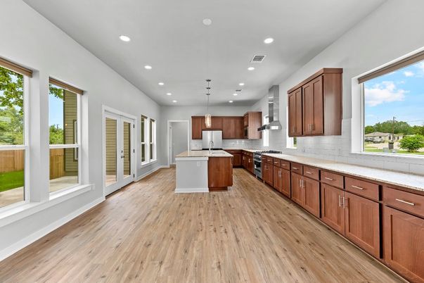 Interior, Kitchen, Pendant Lights, Recessed Lighting, Wood Texture Flooring