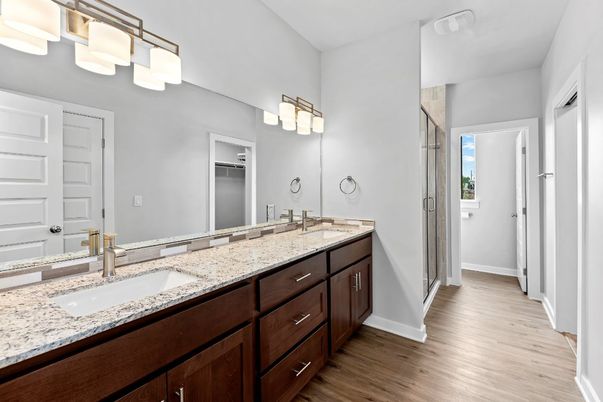 Bathroom, Dual Sink Vanities, Interior, Wood Texture Flooring