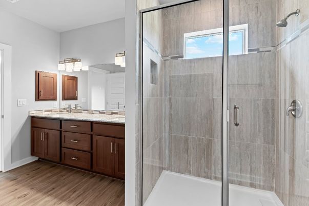 Bathroom, Dual Sink Vanities, Glass Shower, Interior, Wood Texture Flooring