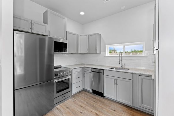 Interior, Kitchen, Recessed Lighting, Stainless Steel Appliances, Wood Texture Flooring