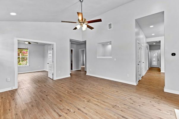 Empty room, Interior, Recessed Lighting, Wood Texture Flooring