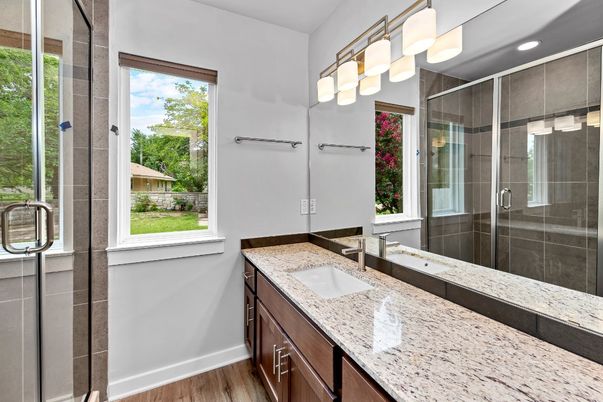 Bathroom, Glass Shower, Interior, Recessed Lighting, Wood Texture Flooring
