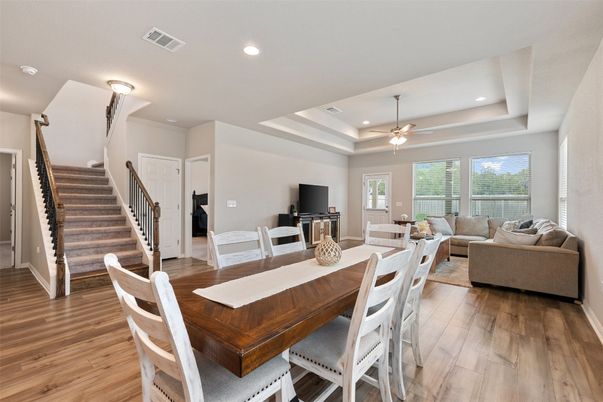 Dining room, Interior, Living room, Recessed Lighting, Wood Texture Flooring