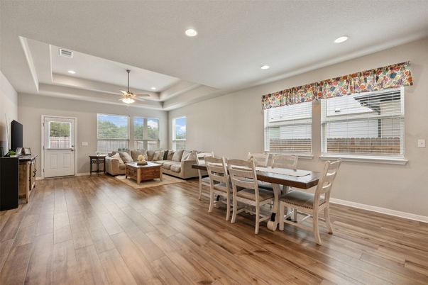 Dining room, Interior, Living room, Recessed Lighting, Wood Texture Flooring