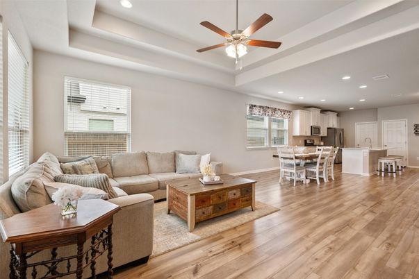 Dining room, Interior, Kitchen, Living room, Recessed Lighting, Wood Texture Flooring