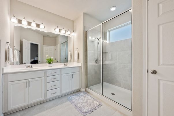 Bathroom, Dual Sink Vanities, Glass Shower, Interior, Recessed Lighting