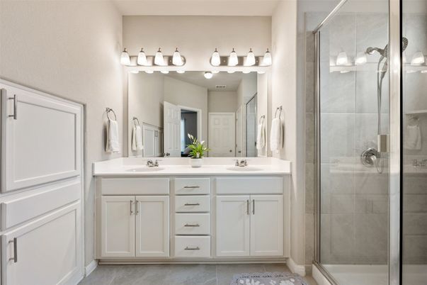Bathroom, Dual Sink Vanities, Glass Shower, Interior