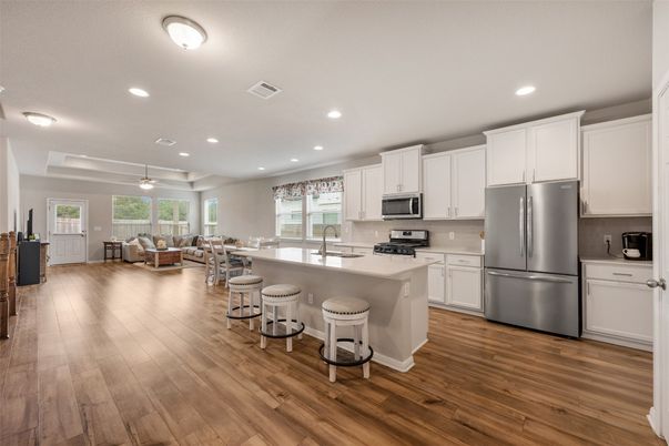 Interior, Kitchen, Living room, Recessed Lighting, Stainless Steel Appliances, Wood Texture Flooring