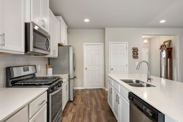 Interior, Kitchen, Pendant Lights, Recessed Lighting, Stainless Steel Appliances, Wood Texture Flooring