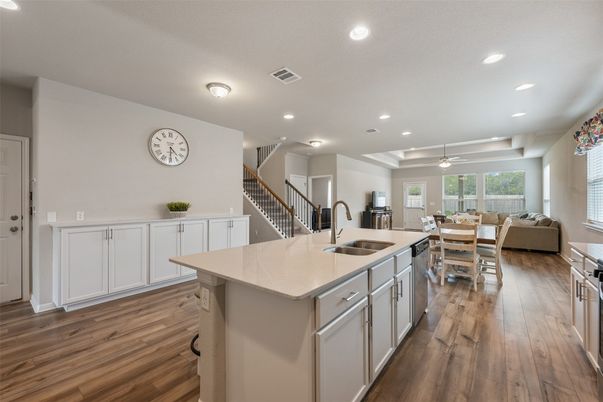Dining room, Interior, Kitchen, Living room, Recessed Lighting, Wood Texture Flooring