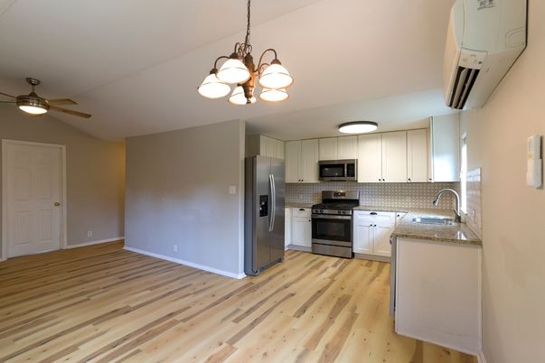 Interior, Kitchen, Pendant Lights, Stainless Steel Appliances, Wood Texture Flooring