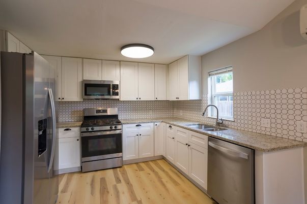 Interior, Kitchen, Stainless Steel Appliances, Wood Texture Flooring