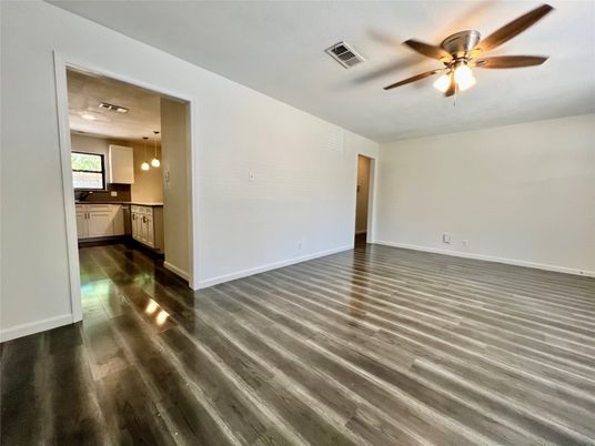Empty room, Interior, Kitchen, Pendant Lights, Wood Texture Flooring
