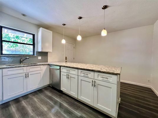 Interior, Kitchen, Pendant Lights, Wood Texture Flooring