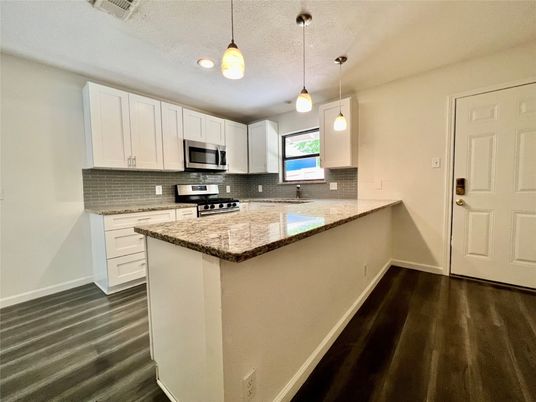 Interior, Kitchen, Pendant Lights, Recessed Lighting, Stainless Steel Appliances, Wood Texture Flooring