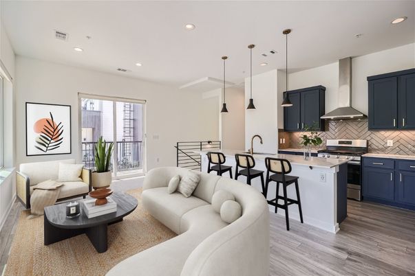 Interior, Kitchen, Living room, Pendant Lights, Recessed Lighting, Stainless Steel Appliances, Wood Texture Flooring
