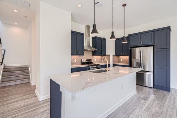 Interior, Kitchen, Pendant Lights, Recessed Lighting, Stainless Steel Appliances, Wood Texture Flooring