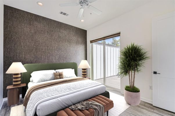 Bedroom, Interior, Recessed Lighting, Wood Texture Flooring