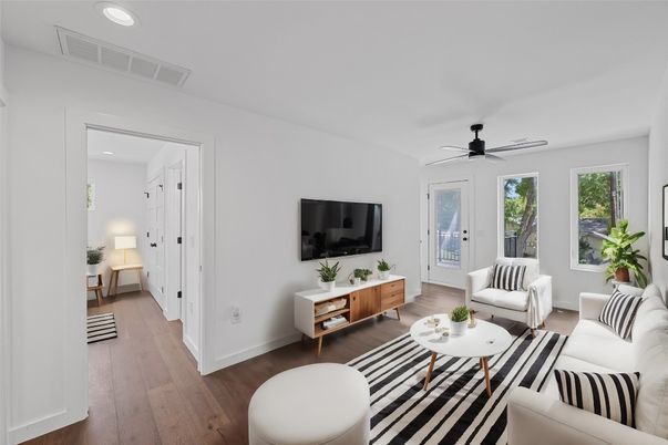Interior, Living room, Recessed Lighting, Wood Texture Flooring