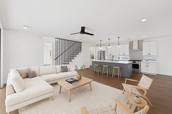 Interior, Kitchen, Living room, Pendant Lights, Recessed Lighting, Stainless Steel Appliances, Wood Texture Flooring
