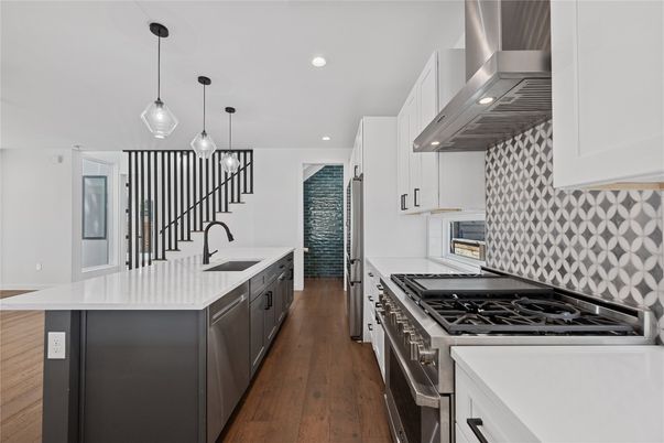Interior, Kitchen, Pendant Lights, Recessed Lighting, Stainless Steel Appliances, Wood Texture Flooring